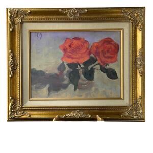 VTG Oil Painting of Two Roses Framed in Ornate Gold Frame - Artist Signed “IRIS”